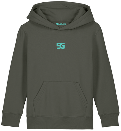Gray hoodie with a logo on the chest against a white background