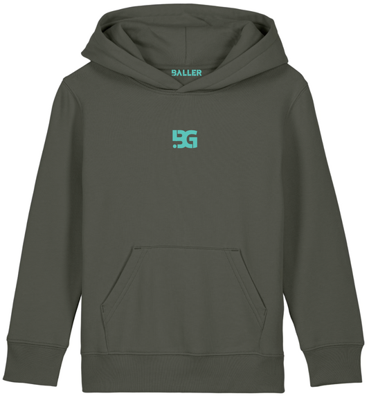 Gray hoodie with a logo on the chest against a white background